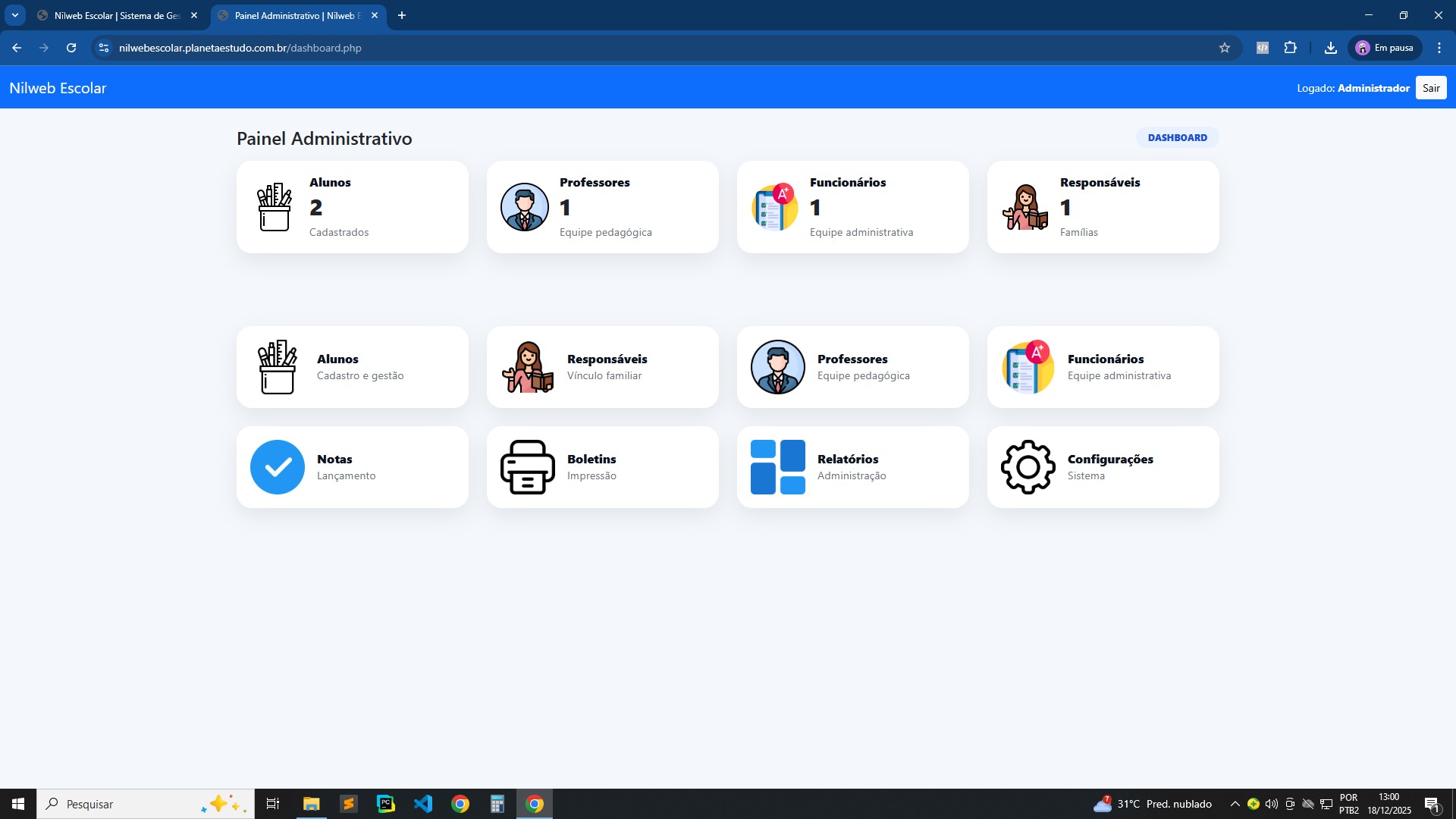Dashboard do Nilweb Escolar